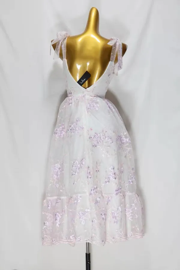LULUS Distinctly Sweet White Floral Embroidered Tie Strap Midi Dress - Image 6