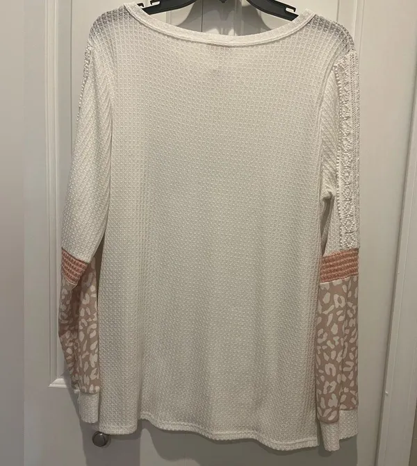 White Waffleknit top with Pink cheetah and lace accents Long Sleeve Top by BiBi - Image 4