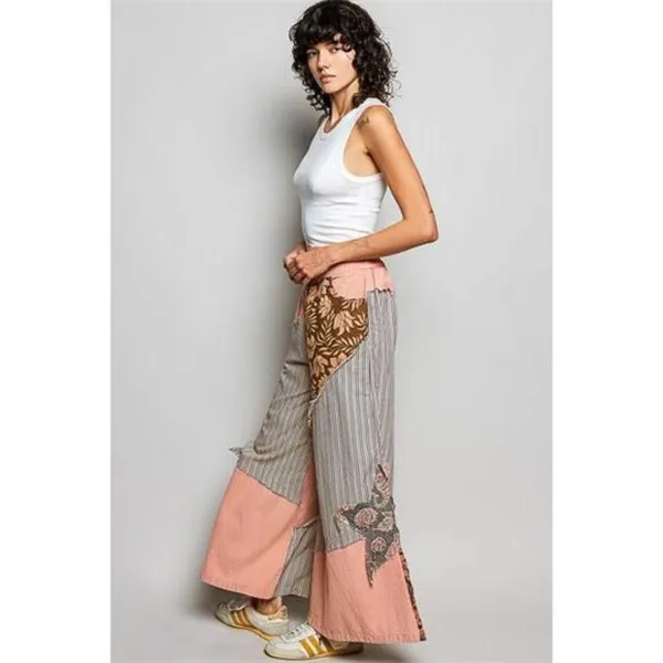 POL Striped Floral Patchwork Wide leg Pants with Side Big Star‎ Patch - Image 5