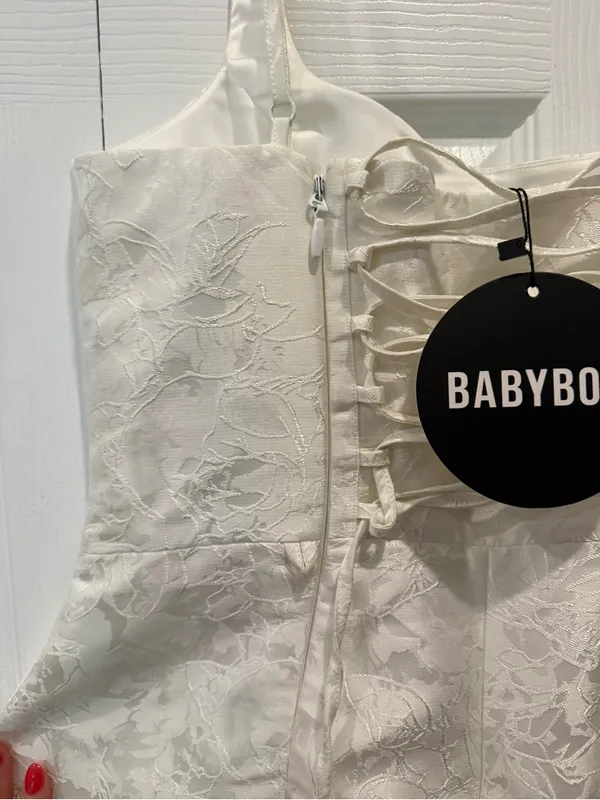 Babyboo Orla Mini Dress - Ivory. Square-Neck White Jacquard A-Line Wedding Dress - Image 9