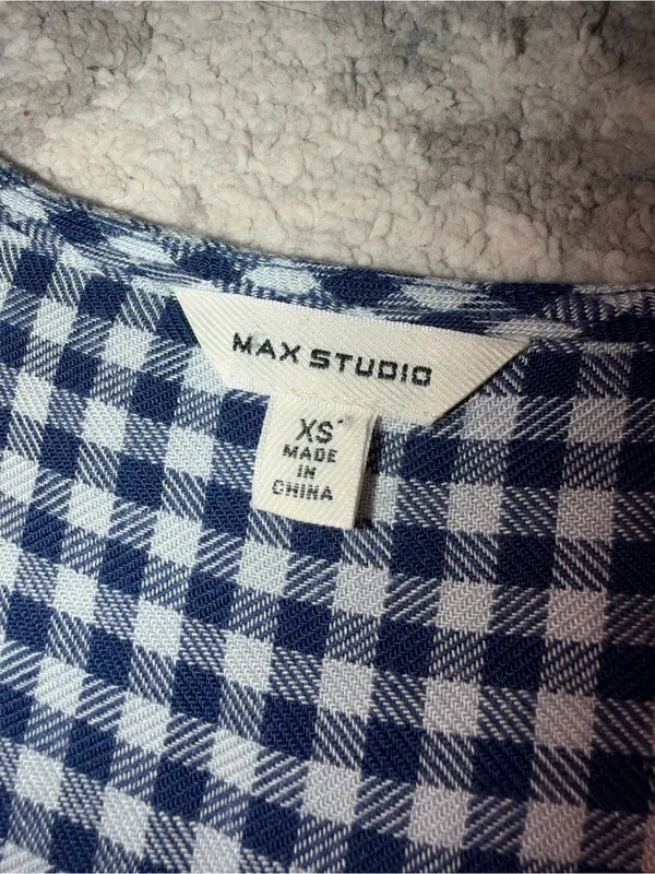 Max Studio XS Navy White Gingham Wrap Blouse 100% Rayon Soft Draped - Image 5