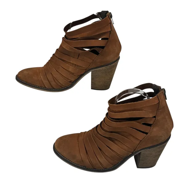 Free‎ People Womens Sz 40 Brown Strappy Leather Cutout Heeled Booties Block Heel - Image 2