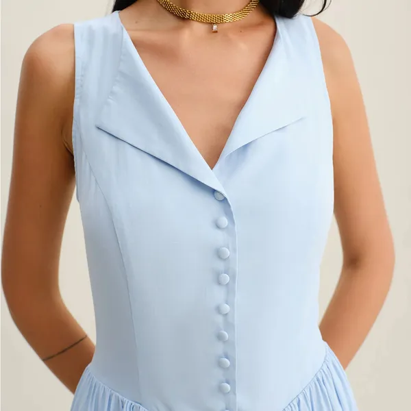 Rihoas Blue V Neck Button Sleeveless Midi Dress - Image 2