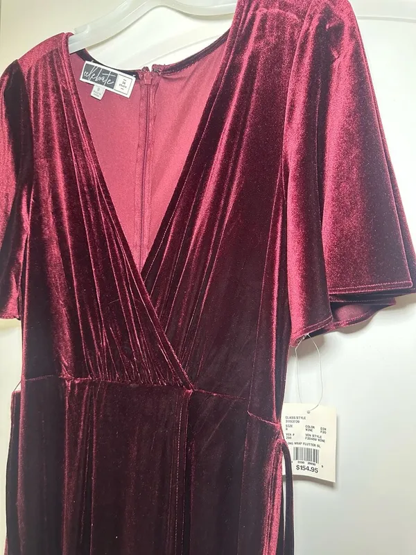 Celebrate Studio Long Wrap Flutter Sleeve Velvet Dress Wine Size 8 - Image 2