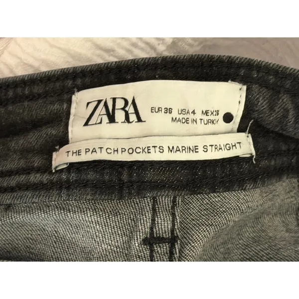Zara The Patch Pockets Marine Straight Jeans Black High Waist Wide Leg Raw Hem 4 - Image 3