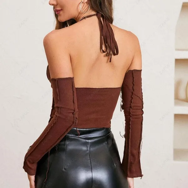 Honeybum Long Sleeve Ribbed Halter Tie Up Top - Image 3