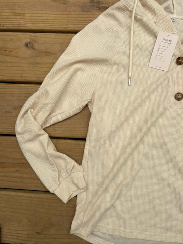 Women’s Small Cream Waffle Knit Hooded Henley Tunic Pullover Top NWT - Image 4