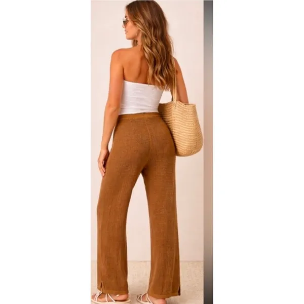 Pact Open Knit Pants L Brown Organic Cotton Linen Coastal Boho Coverup Resort - Image 7