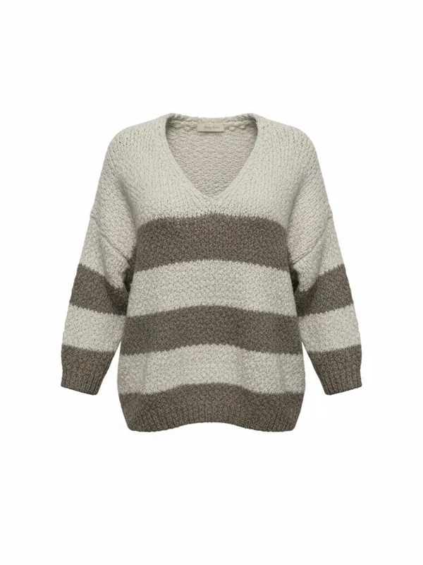 Altar'd State Cream & Taupe Striped V-Neck Sweater - Image 2