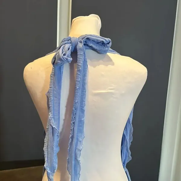 Women’s Blue V-Neck Backless Jumpsuit Romper RuffleWave WideLeg Pants Size M NEW - Image 5