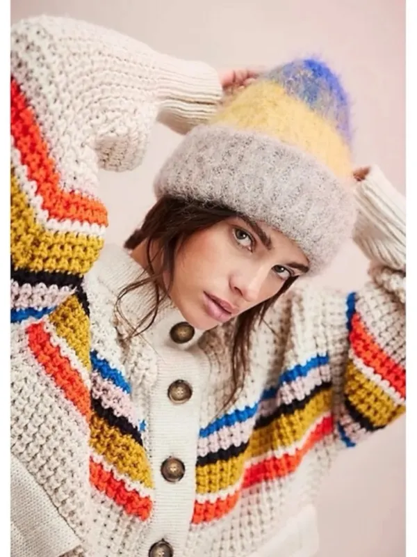 Free People Icing Beanie in Blue Gold NWT Stripes Wool Fall Winter Bohemian - Image 6