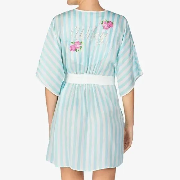 Betsey Johnson Medium Wifey Embroidered Striped‎ Robe Mint Green White Floral - Image 2