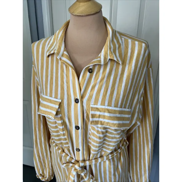 Free People Beach Women's Striped Shirt Dress Size Small Belted Yellow White‎ - Image 3