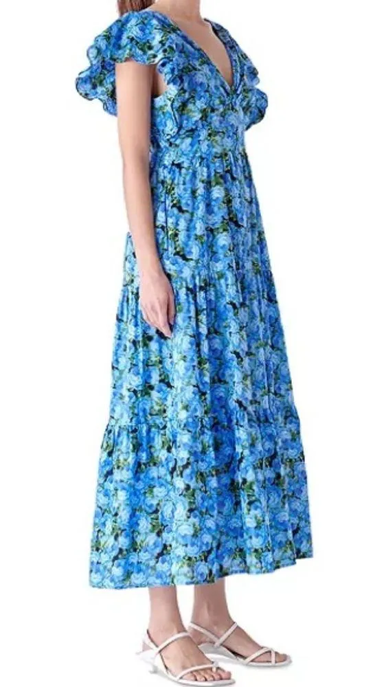 English Factory Women's Floral-Print Tiered Flutter-Sleeve Dress Blue Sz XS NWT - Image 3
