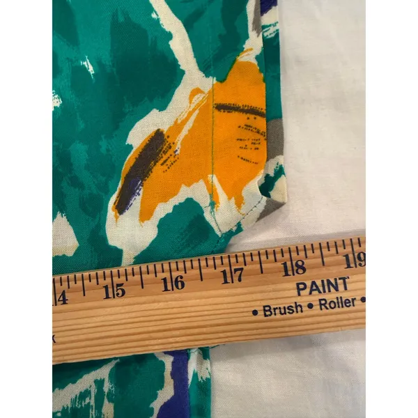 Vintage REO Midi Dress Women's SZ 14 Green Abstract Pleated V-Neck Short Sleeves - Image 10