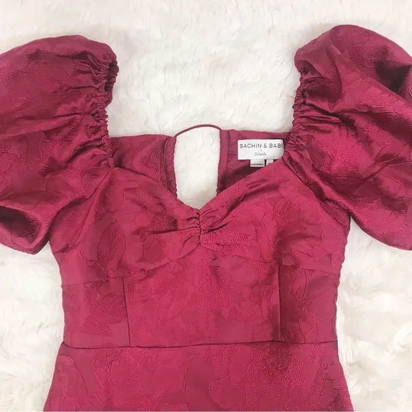 SACHIN & BABI‎ Dress Size 0 Cherry Red Gabby Puff Sleeve Midi Open Tie Back New - Image 4
