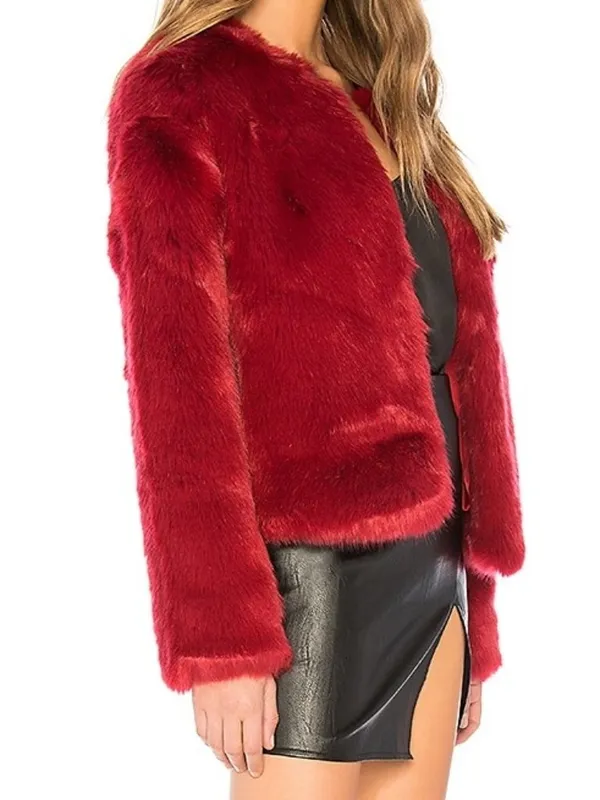 NEW Lovers + Friends NYC Faux Fur Jacket Cabernet Wine Red Fuzzy Eyelash Teddy S - Image 3