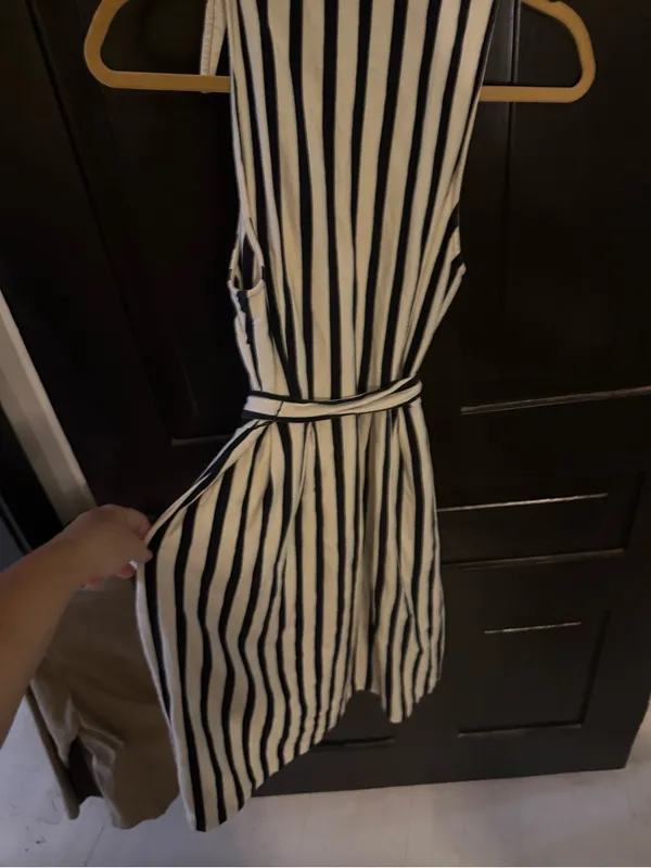 Maeve Navy and White Vertical-Stripe Midi Shirt Dressy - Image 4