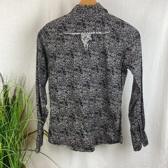 Cowgirl Hardware Black & Gray Pearl Snap Long Sleeve Cowgirl Western Top S - Image 3