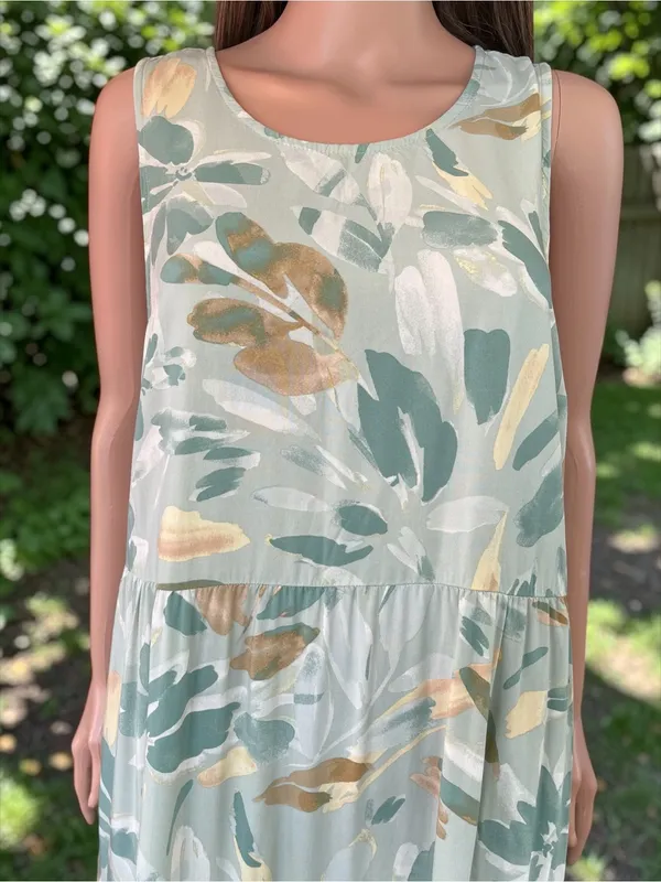 A New Day Sage Abstract Floral Tiered Maxi Dress Large 100% Rayon Boho - Image 2