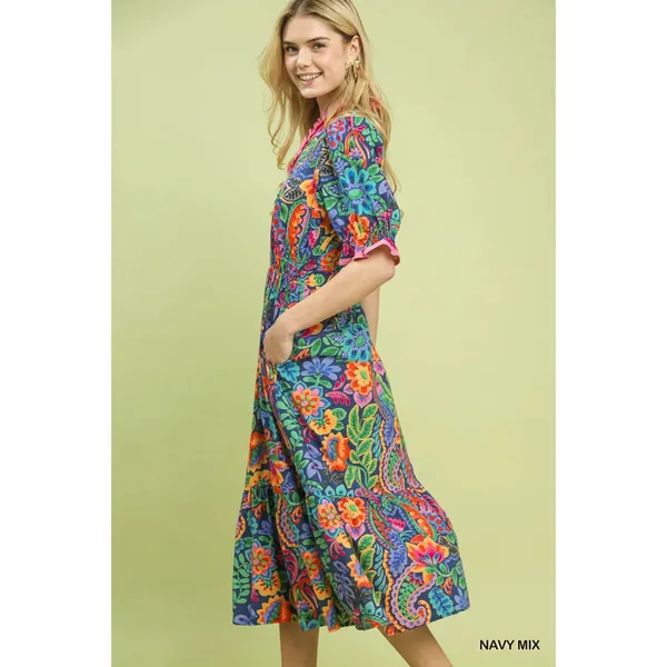 Umgee Mix‎ Floral Midi Dress with Ruffle Trim - Navy Mix - Small - Image 2