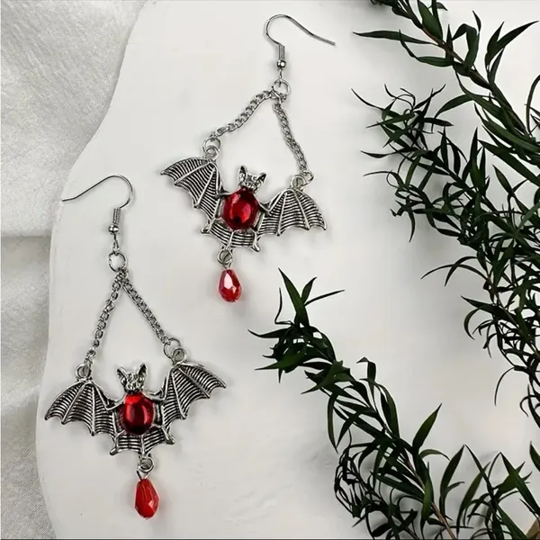 Gothic Bat Wing Vibrant Red Synthetic Gemstone Drop Earrings‎ Silver Plated - Image 2