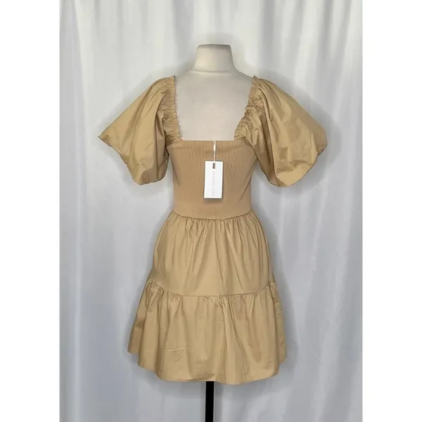 NWT! ENDLESS ROSE Mix Media Mini Dress Latte Brown Puff Sleeves Corset Bodice XS - Image 6