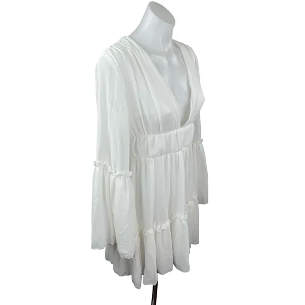 Miss Ord Women's White Deep V Neck Long Sleeve Tiered Mini Flare A-Line Dress XS - Image 2