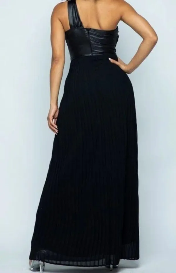 Pleated Maxi dress one shoulder. Faux leather. (S) - Image 3