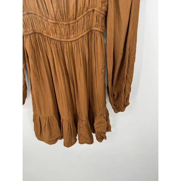 Brown‎ Peasant Babydoll Mini Dress Sz S Smocked Boho Cottagecore - Image 4
