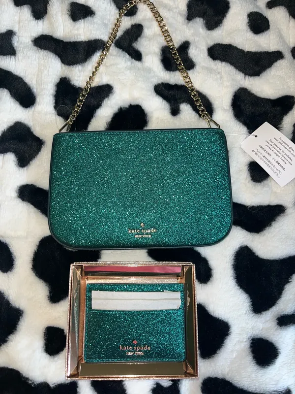 Kate Spade Teal Glitter Clutch with Gold Chain - Image 5