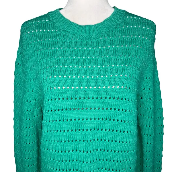 J.Crew Teal Open Knit Cotton Blend Sweater Large Pullover Crewneck Green - Image 2
