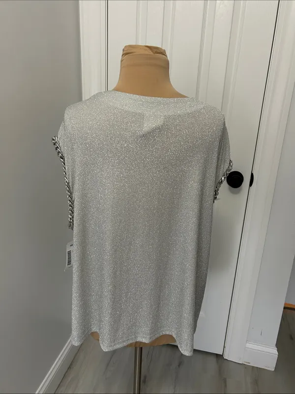 Vocal Silver Metallic Chain Trim Draped Nevj Sleeveless Top - Image 3