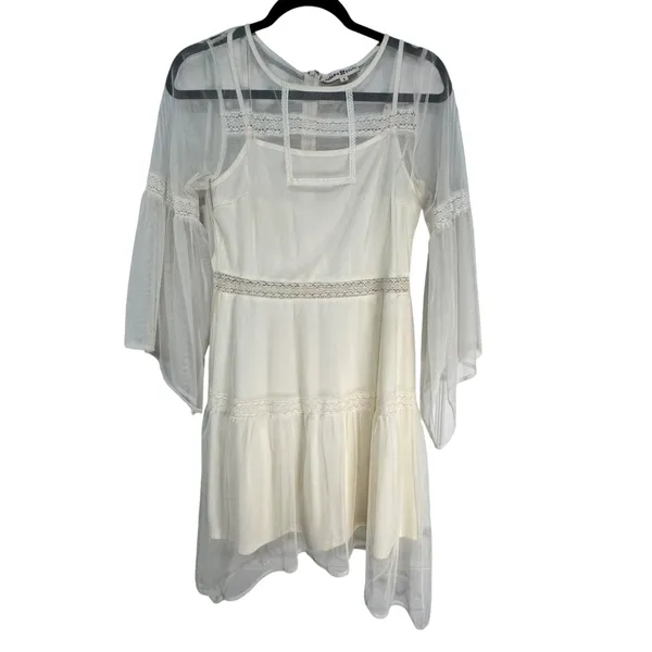 Altar'd State Cream White Mesh Lace Tiered Bell‎ Sleeve Mini Dress Large - Image 2