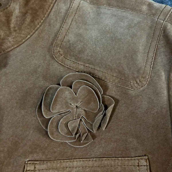 Live a Little Brown Suede Leather Jacket Rosette Floral Western Boho Womens L - Image 11