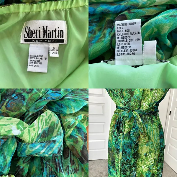 90s Vintage Sheri Martin‎ New York Green Tropical Print Chiffon Maxi Dress 10 - Image 5