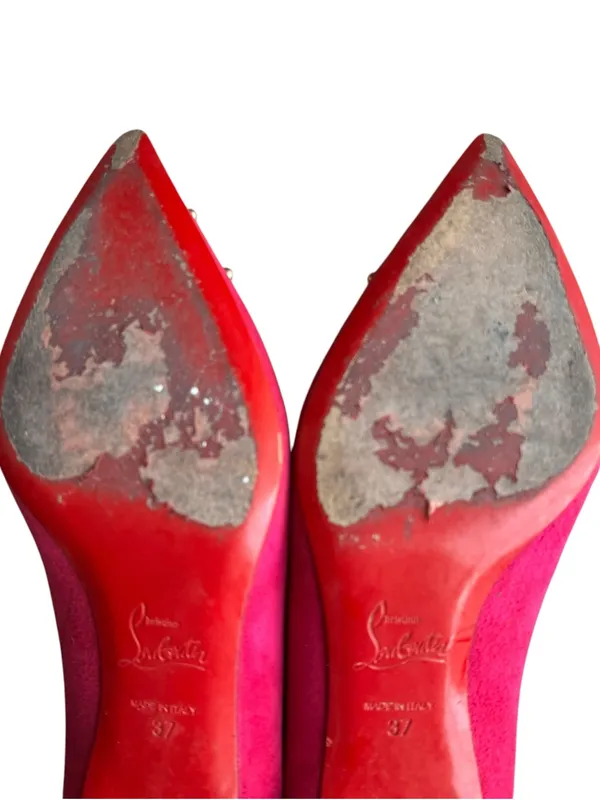 Christian Louboutin - Pink Suede Studded Pointed Toe Kitten Heel Pumps Sz 37 - Image 11