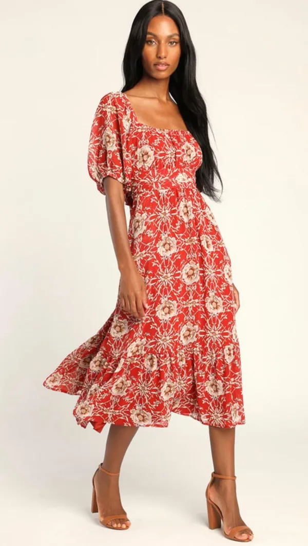 Lulus Rust Red Floral Midi Dress - Image 2