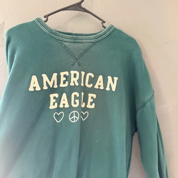 American Eagle Teal Green Oversized Graphic‎ Sweatshirt Peace Hearts XS Comfort - Image 2
