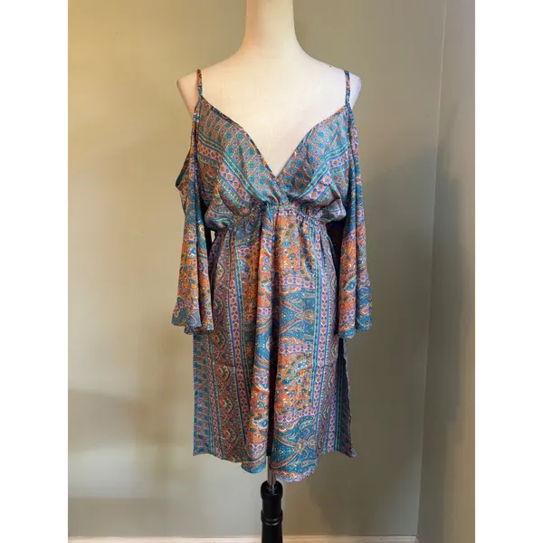 Earthbound Trading Paisley romper Blue Orange Pink Large boho floral whimsigoth - Image 5