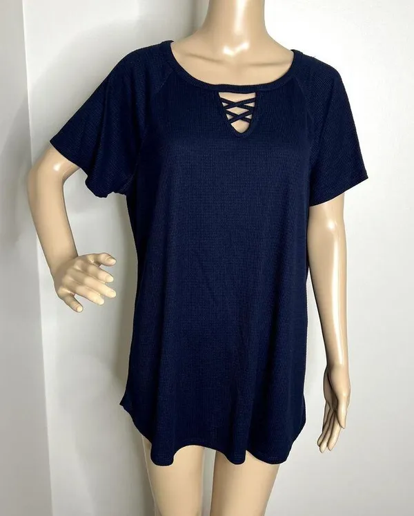 Sonoma Navy Criss Cross Ribbed Short Sleeve Top - Image 7