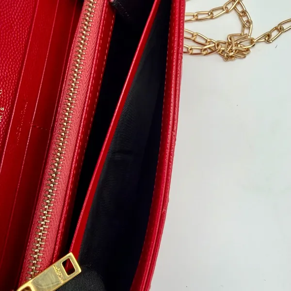 Yves Saint Laurent YSL Monogram Chevron Leather Clutch Crossbody Wallet with Chain Red - Image 8