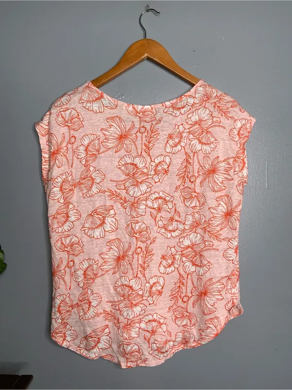 Cynthia Rowley Orange & White Linen Floral Scoop Neck Top Large - Image 5