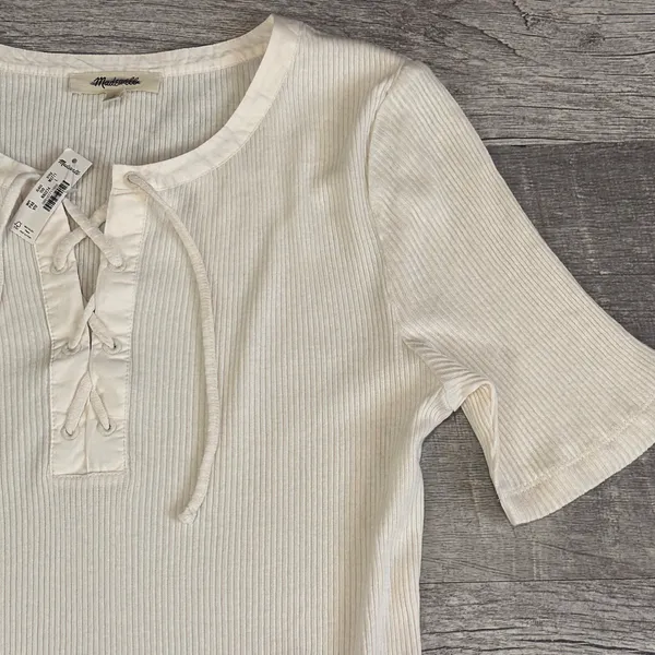 Madewell NEW Ribbed Lace Up Tee Shirt Womens L Short Sleeve Ivory White FLAW - Image 3