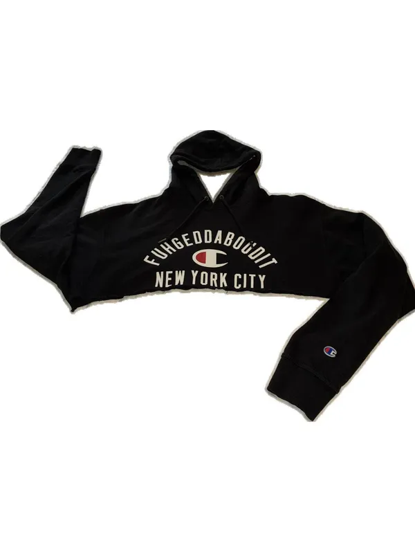 Champion Hoodie Black Cropped New York City Fuhgeddaboudit Size L - Image 2