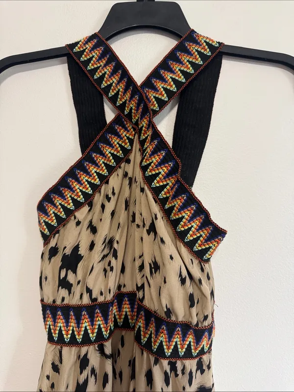 Women's Tan and Black Patterned Maxi Dress with Embroidered Trim - Image 3