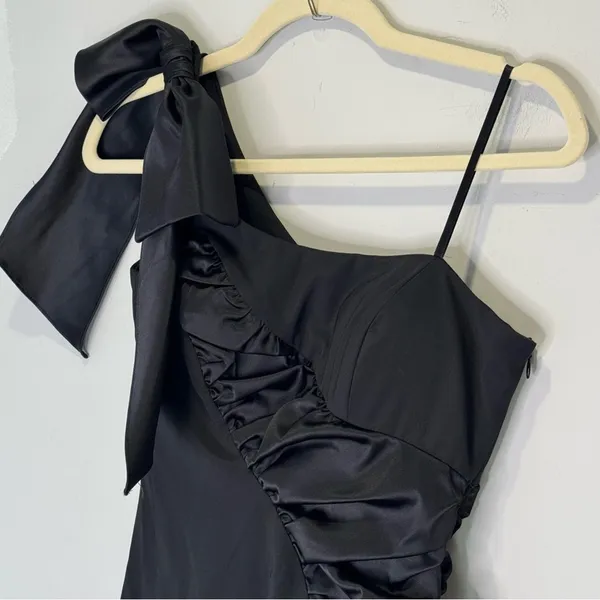 🍁 Faviana One Shoulder Bow Ruffle Stretch Mini Cocktail Party‎ Dress Sz 0 Black - Image 8