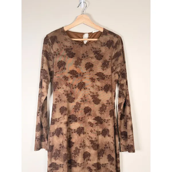 12th Tribe Casanova Brown Floral Mesh Maxi Dress Long Sleeve Brown Large Witchy - Image 3