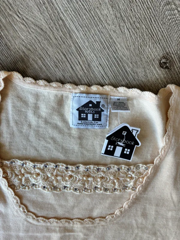 Storybook Knits Cream Lace-Trim Short Sleeve Top - Image 4