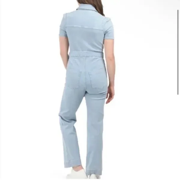 Avec Les Filles Light Wash‎ Denim Short Sleeve Button Front Utility Jumpsuit 26 - Image 2